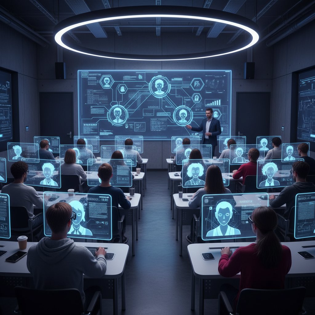 Grupa studentów korzysta z Symulatora osobowości AI na zajęciach