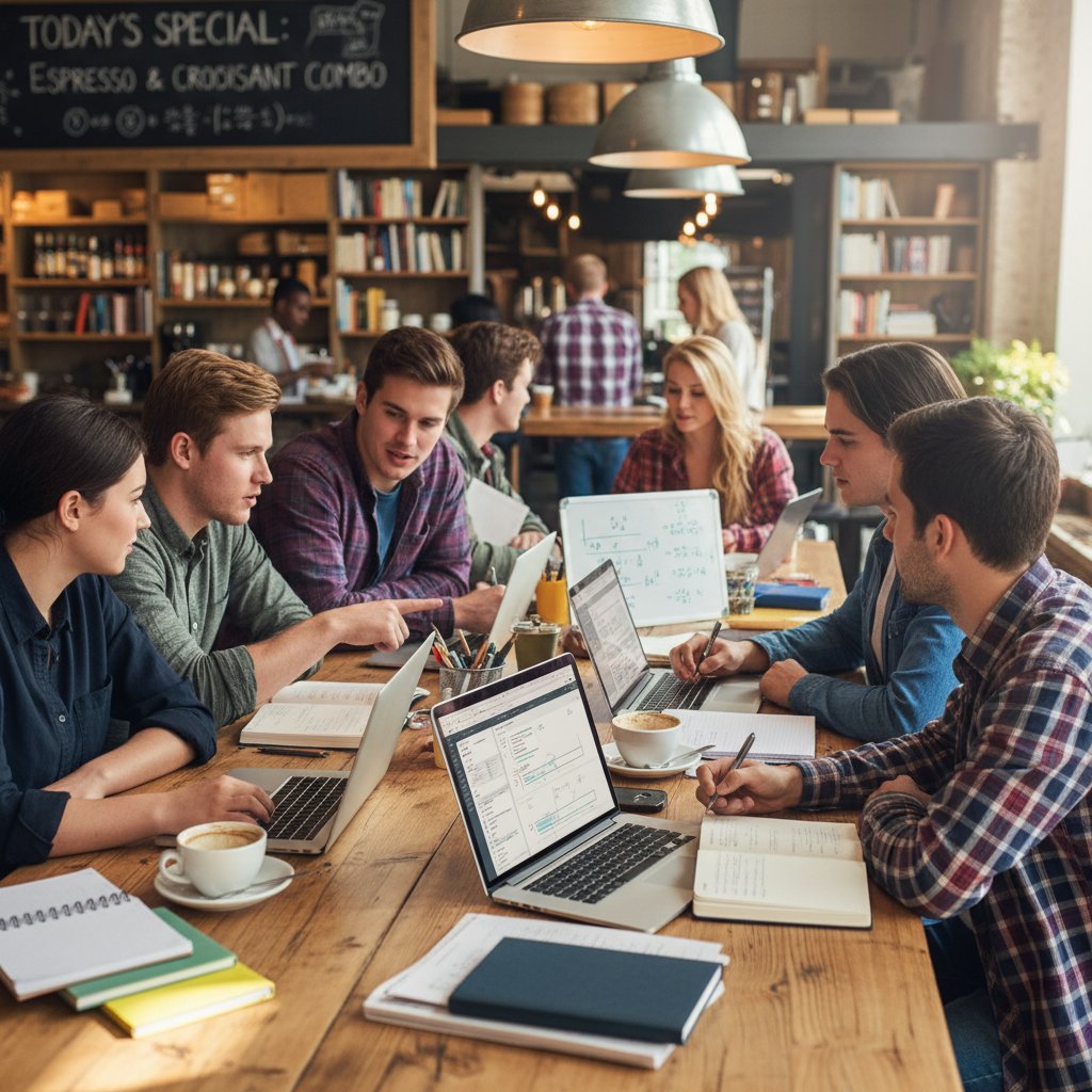 Grupa uczniów ucząca się matematyki przy stoliku w kawiarni, korzystająca z laptopów i tabletów, atmosfera współpracy