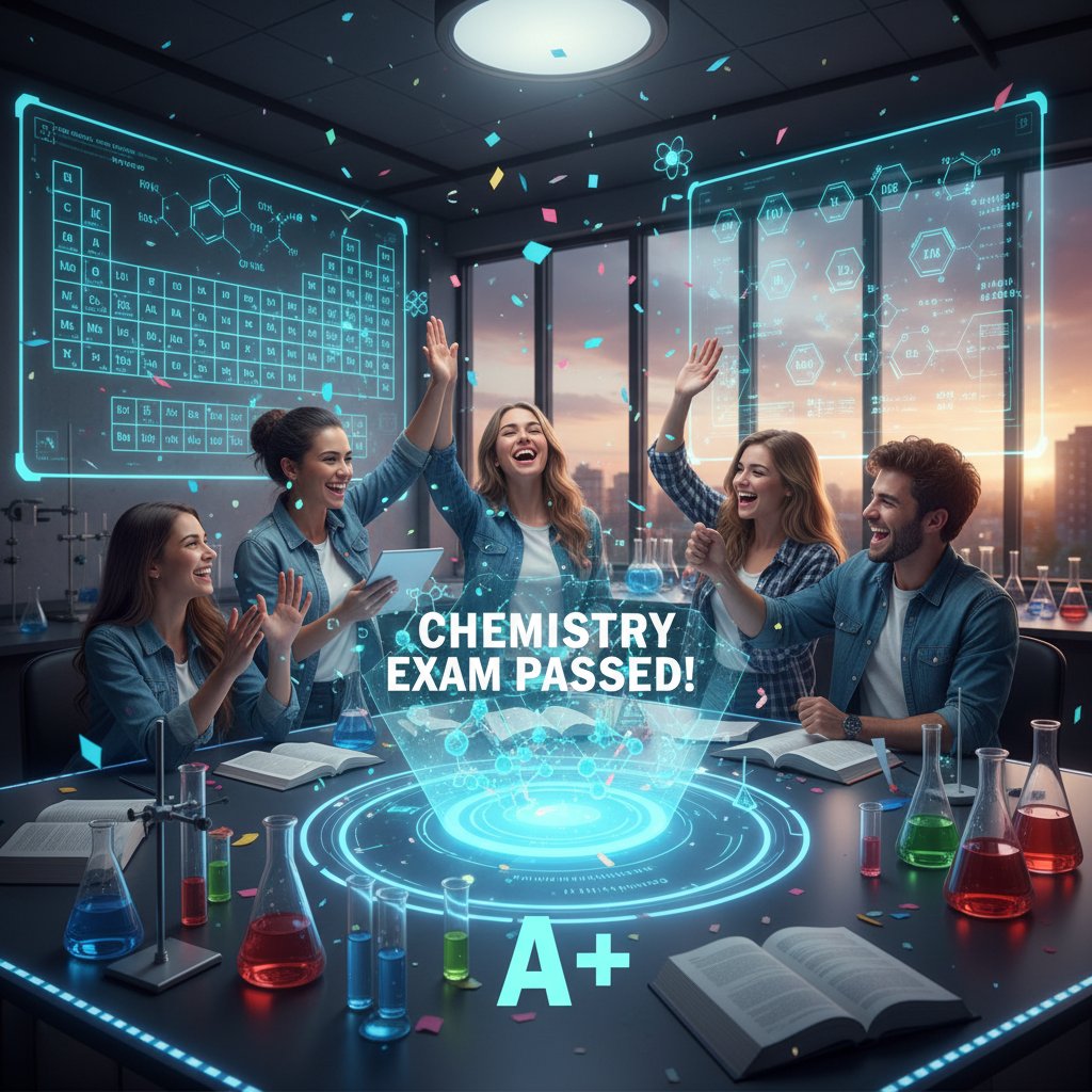 Grupa uczniów świętująca sukces po zdanym egzaminie z chemii, radość z nauki z technologią