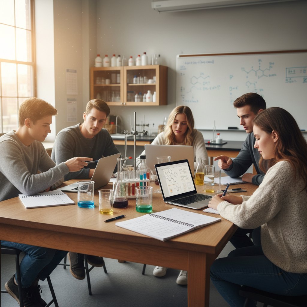 Grupa uczniów pracuje razem, korzystając z laptopa i notatek w klasie