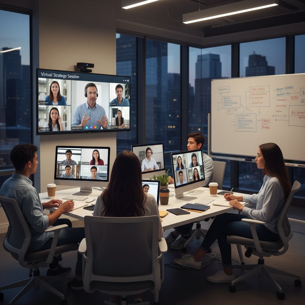 Grupa uczniów rozmawiających online z coachem podczas wspólnej sesji