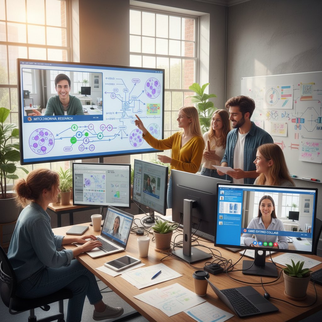 Grupa uczniów pracujących wspólnie nad projektami biologicznymi online, dynamiczna atmosfera, współpraca i dzielenie się wiedzą o biologii online korepetycje