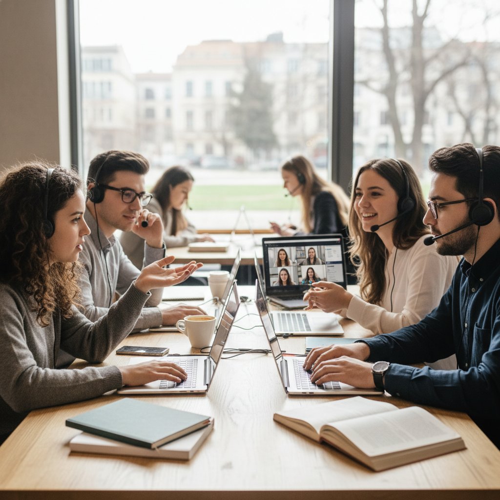 Grupa uczniów współpracujących przy nauce online, zaangażowani w dyskusję