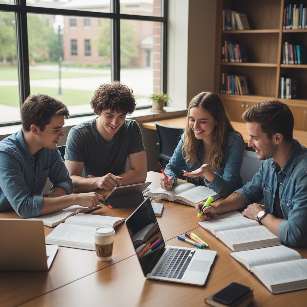 Grupa uczniów razem uczących się przy stole, atmosfera współpracy i wzajemnego wsparcia