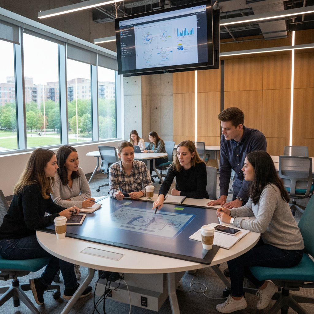 Grupa studentów podczas burzliwej dyskusji o zadaniach biofizyki, nowoczesna sala, atmosfera zaangażowania
