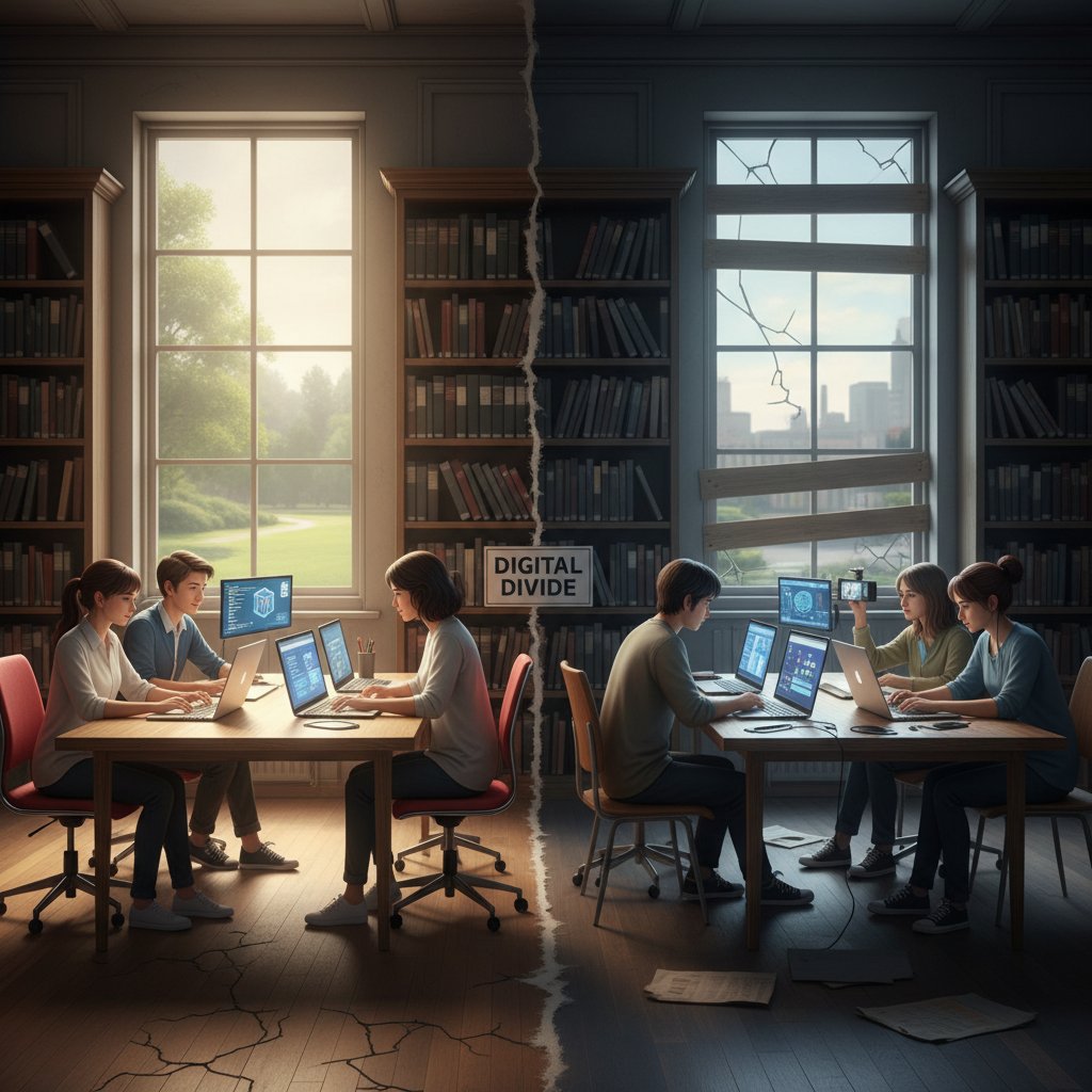 Grupa uczniów korzystająca z laptopów w różnych warunkach, symbolizująca różny dostęp do innowacji