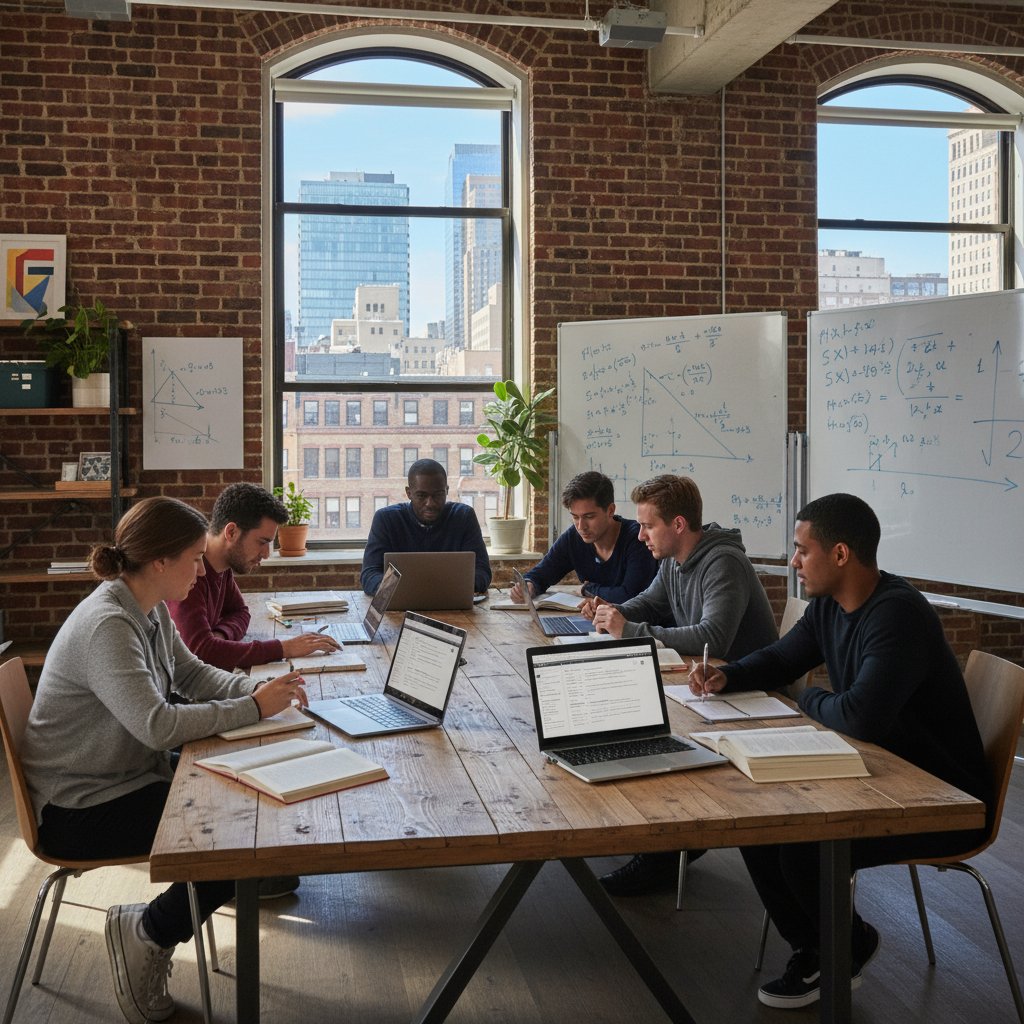 Grupa uczniów korzysta z laptopów podczas wspólnej nauki matematyki online