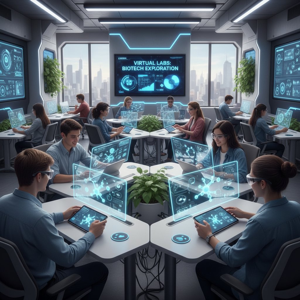 Grupa uczniów w nowoczesnej klasie korzystających z urządzeń mobilnych i wirtualnych laboratoriów