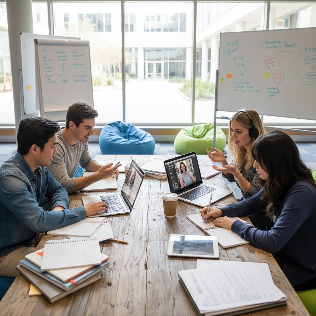 Grupa studentów uczących się wspólnie online i offline, laptop, notatki, atmosfera współpracy