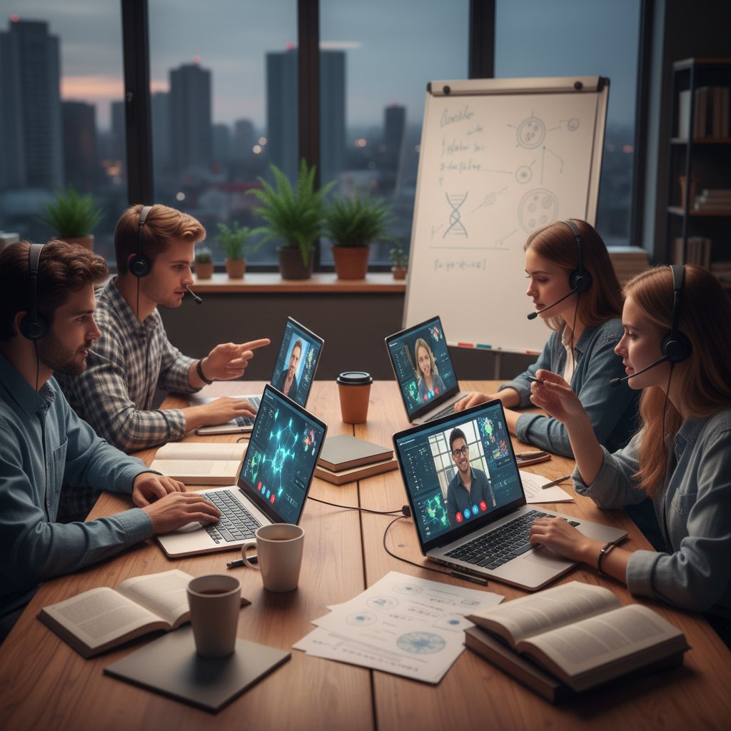 Grupa uczniów spotykająca się online w celu wspólnej nauki biologii