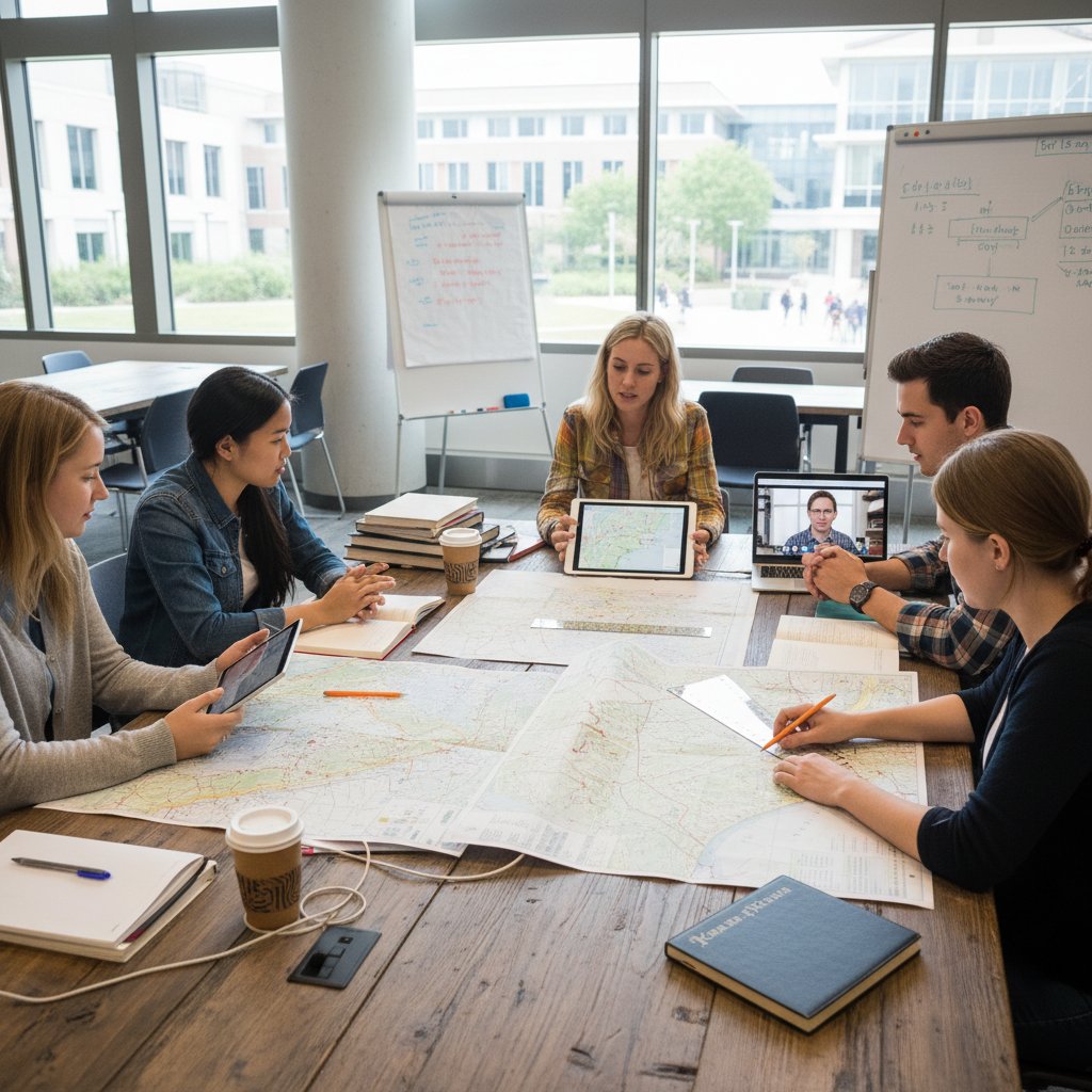 Grupa uczniów korzystająca z tabletów i map papierowych podczas wspólnej nauki