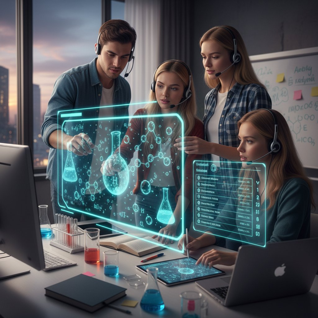 Grupa uczniów przy stole, wspólnie rozwiązujących zadania chemiczne na laptopach — współpraca, rywalizacja, edukacja online