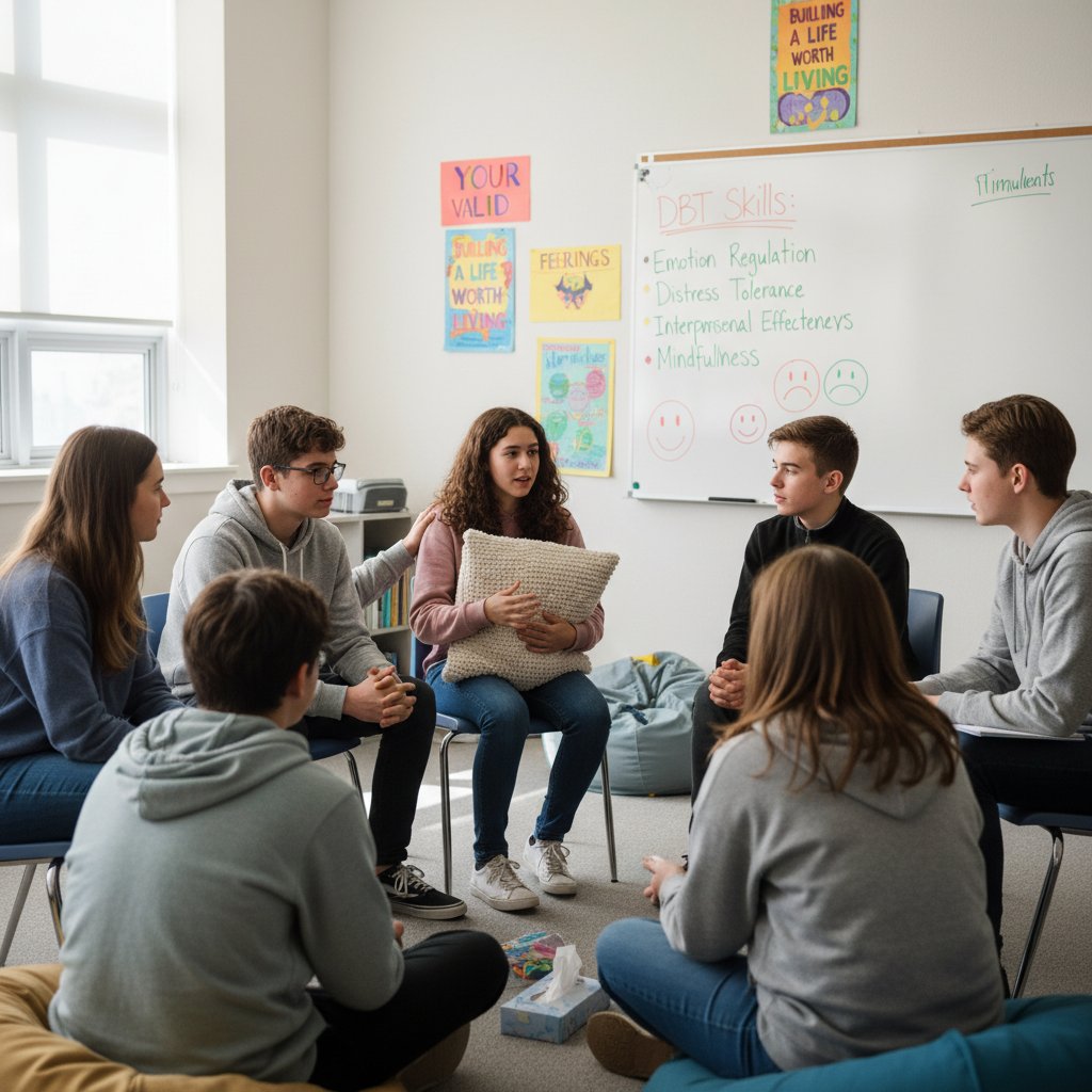 Grupa młodzieży podczas zajęć z DBT w klasie, integracja i wsparcie emocjonalne