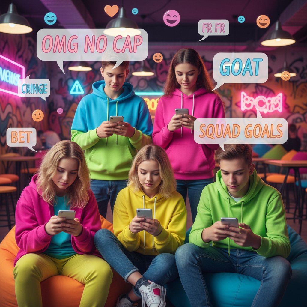 Grupa nastolatków z telefonami, używających slangu podczas rozmów online, kolorowe ubrania, energia młodości