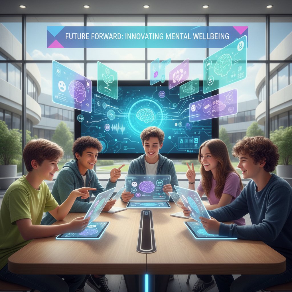 Grupa nastolatków korzystających z tabletów w szkole, z uśmiechami i przyjazną atmosferą, symbolizująca przyszłość wsparcia psychicznego online