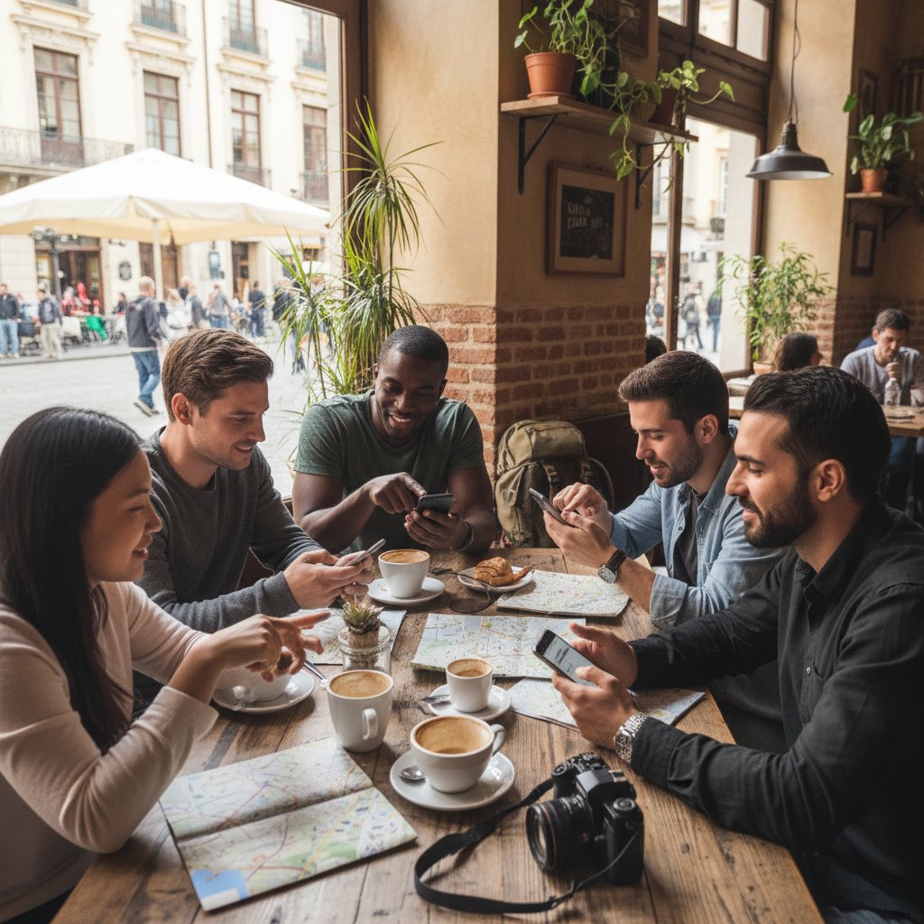 Grupa podróżników z różnych środowisk spotyka się w kawiarni, każdy z telefonem, wyraźna atmosfera planowania