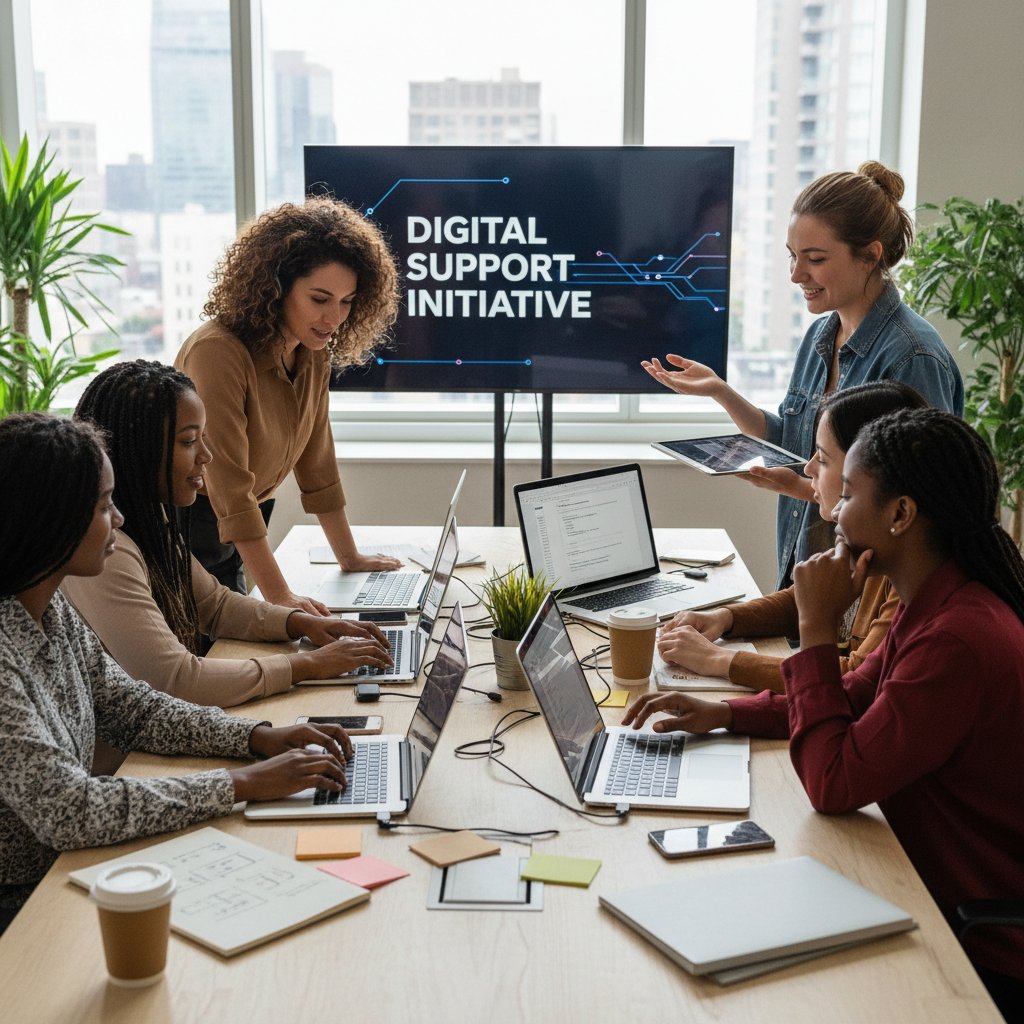 Grupa kobiet rozmawiających przy laptopach, tło z cyfrowym motywem wsparcia