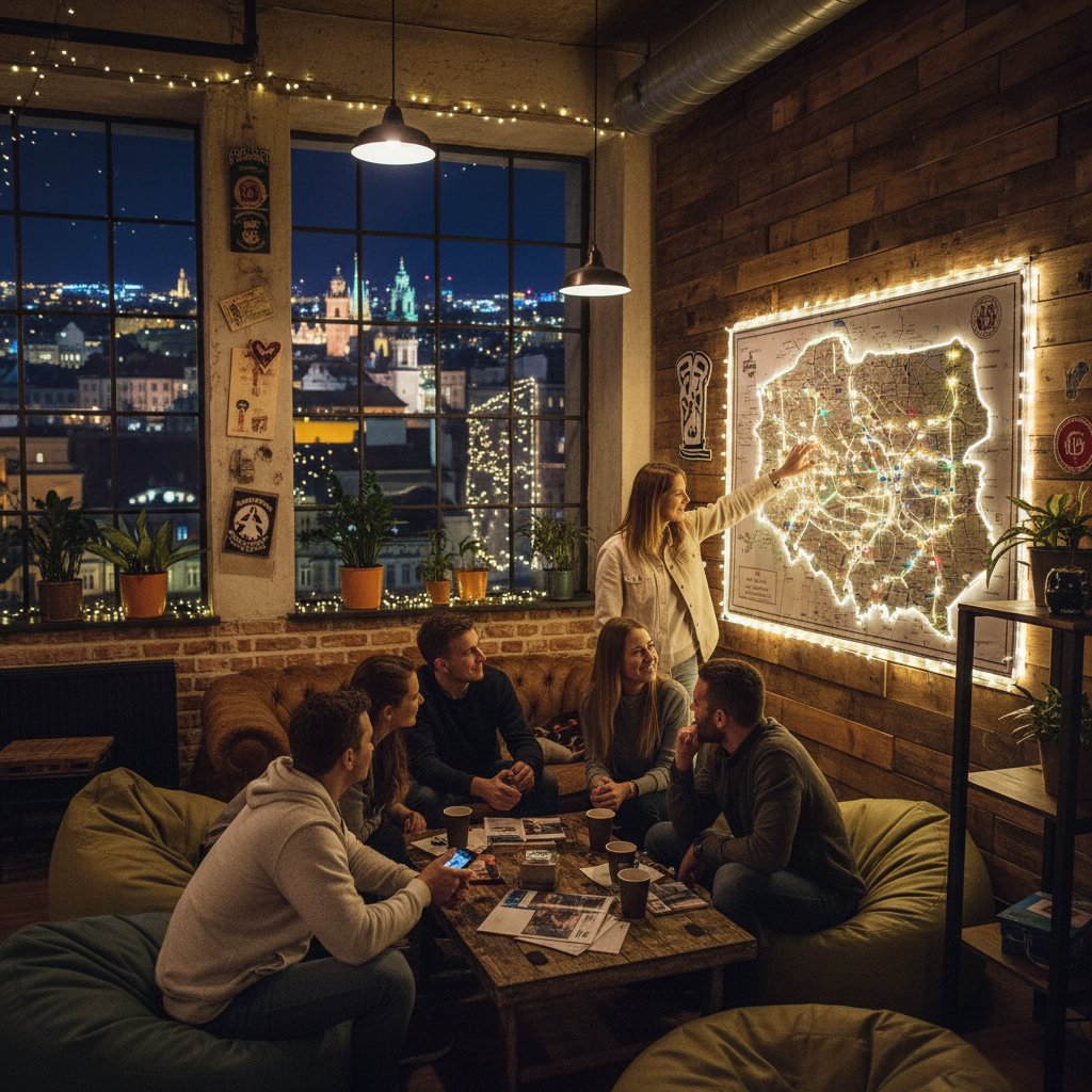 Grupa młodych osób omawia mapę hostelu w centrum Krakowa, energetyczna atmosfera, nocne światła miasta