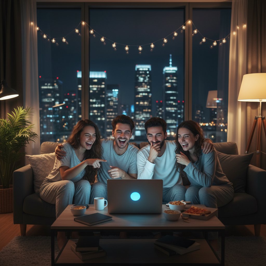 Grupa młodych osób uśmiecha się przed laptopami podczas spontanicznej rozmowy online