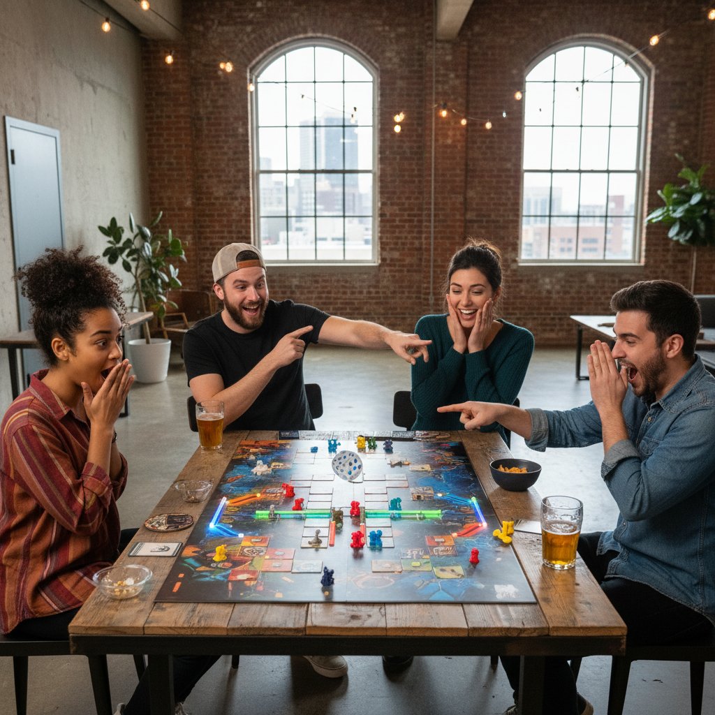 Zdjęcie grupy młodych dorosłych grających w nowoczesną grę towarzyską w klimatycznym salonie, alternatywa dla powtarzalnych gier, atmosfera zaskoczenia