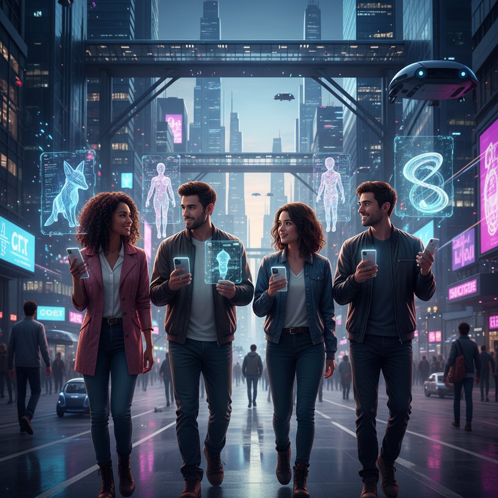 Grupa młodych dorosłych, każdy z telefonem, część rozmawia z AI partnerem