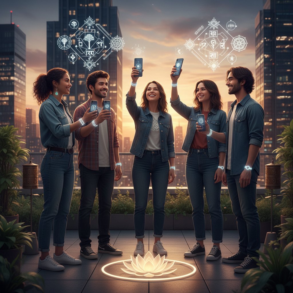 Gruppe junger Erwachsener in urbaner Kulisse, lächelnd, mit Smartphone, Symbol für moderne Spiritualität im Alltag