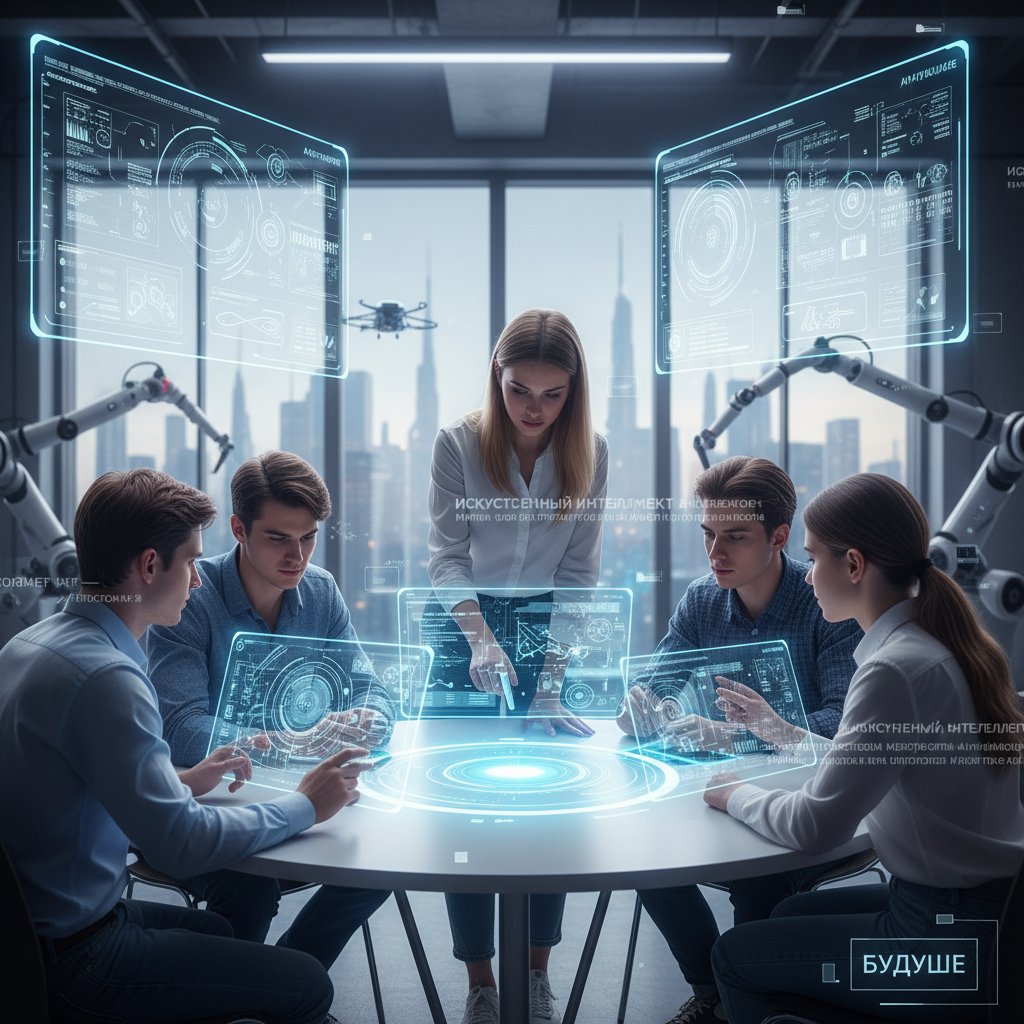 Zespół młodych ludzi pracuje wspólnie z AI nad rosyjskim tekstem na tablecie