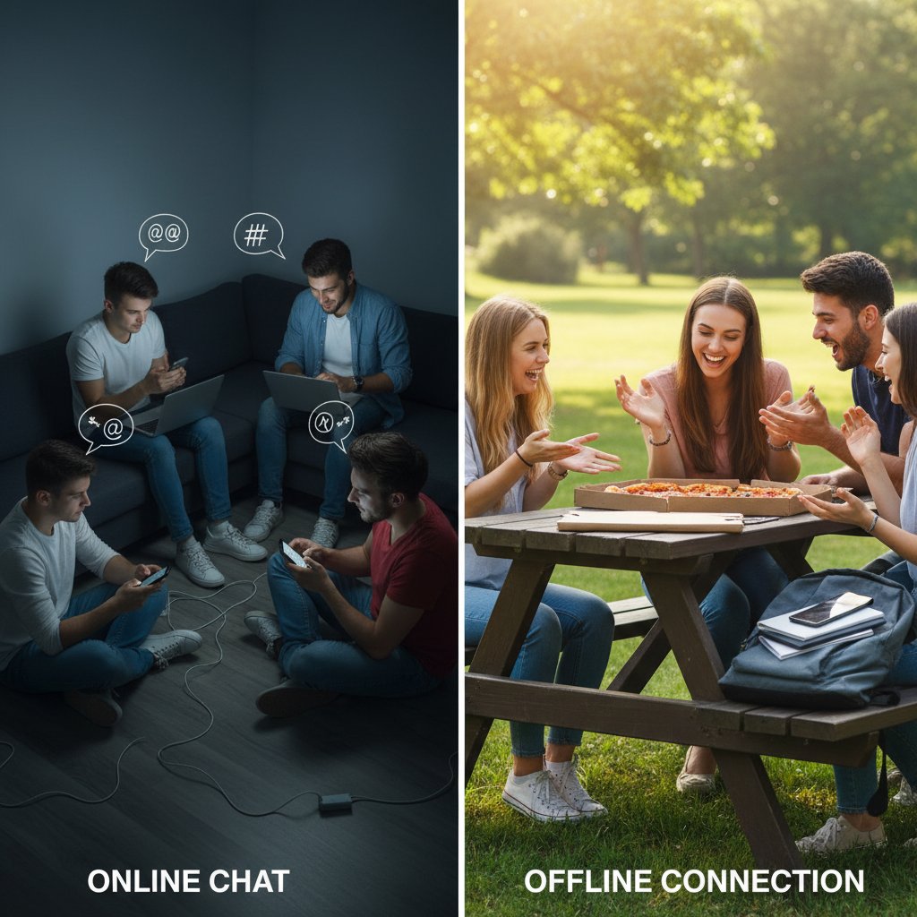 Zdjęcie: grupa młodych ludzi online i offline – porównanie relacji