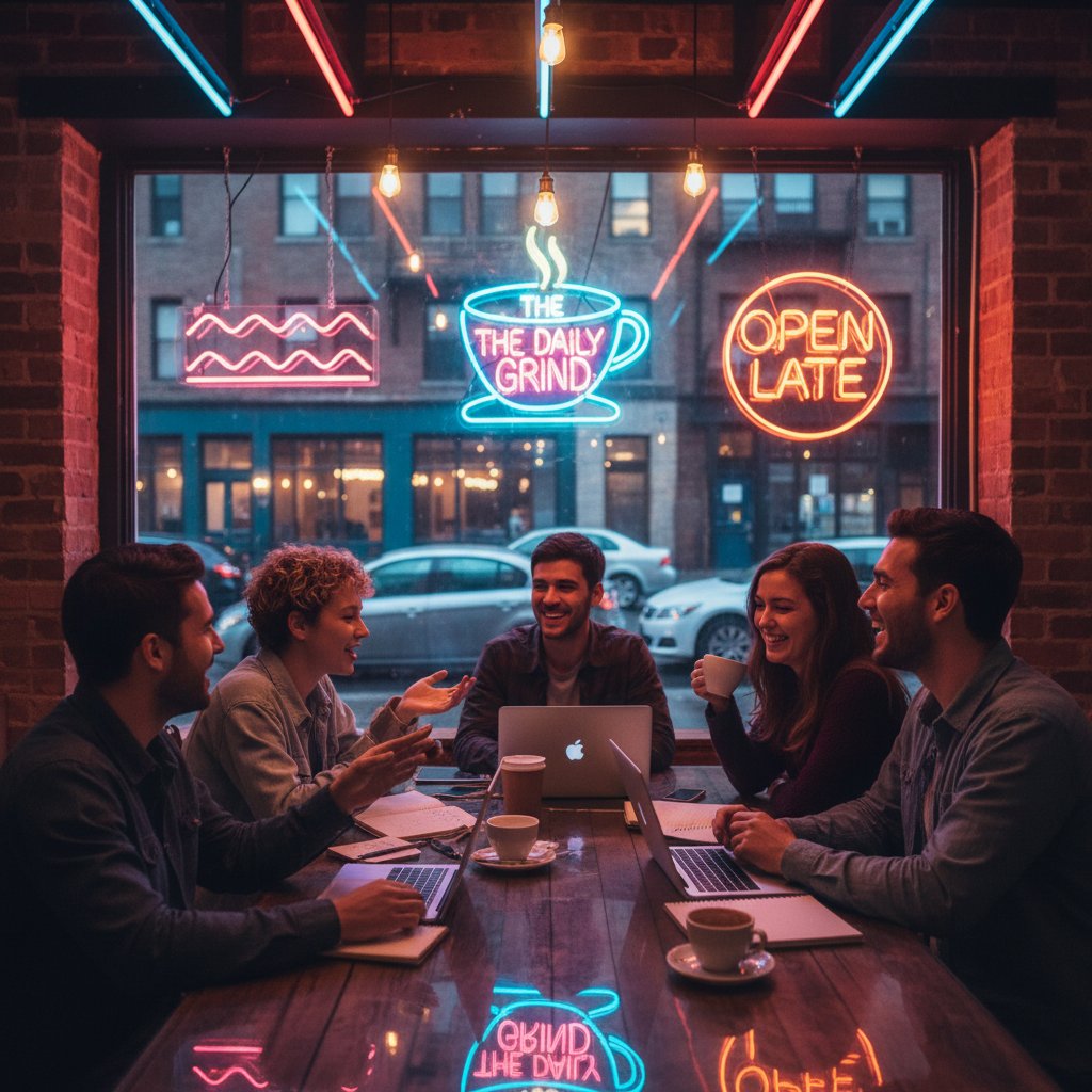 Młodzi Polacy rozmawiający online w neonowej kawiarni, luźna atmosfera swobodnych rozmów