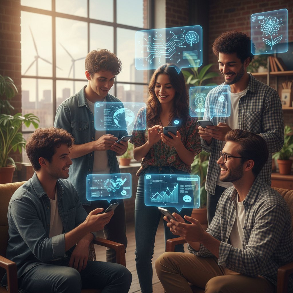 Grupa młodych ludzi rozmawiających z AI na ekranach smartfonów, symbolizujących zmianę relacji społecznych