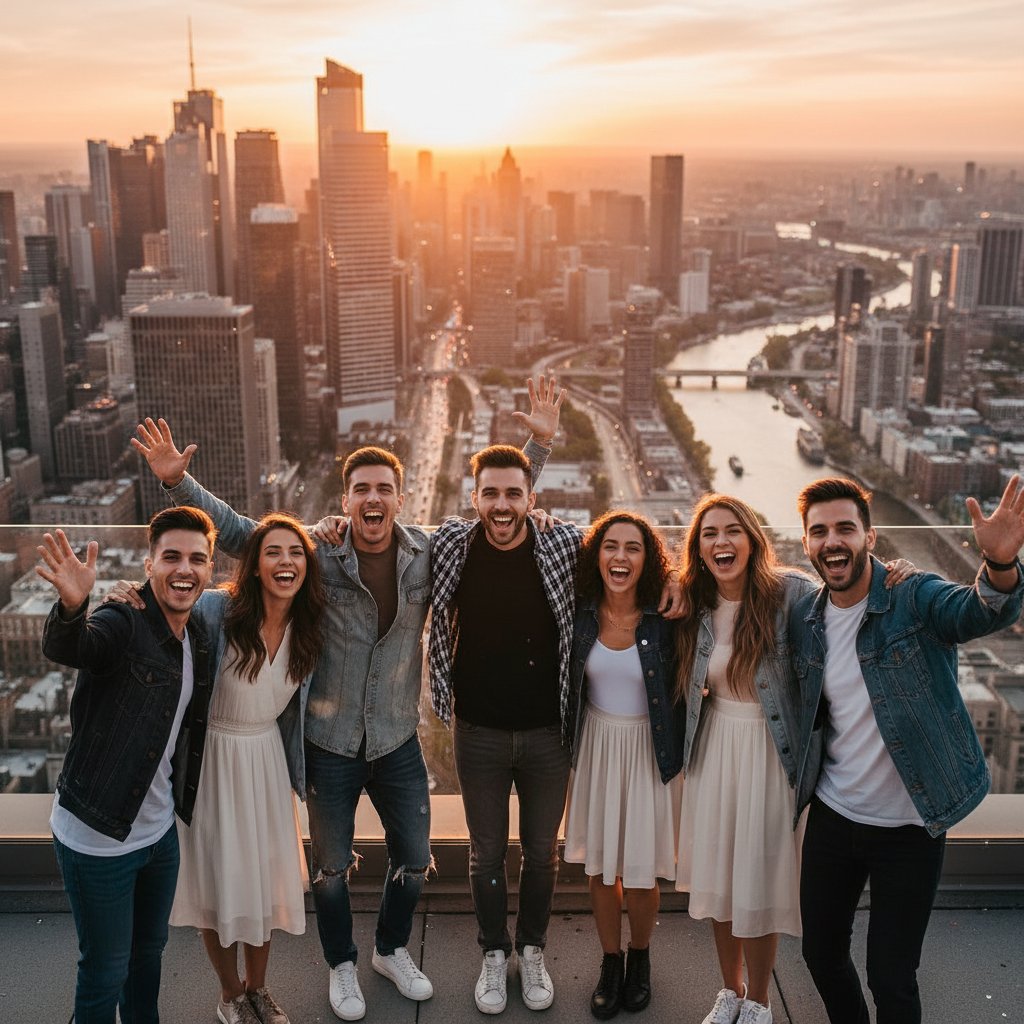 Grupa młodych ludzi uśmiecha się do siebie na tle miejskiej scenerii, energia i radość