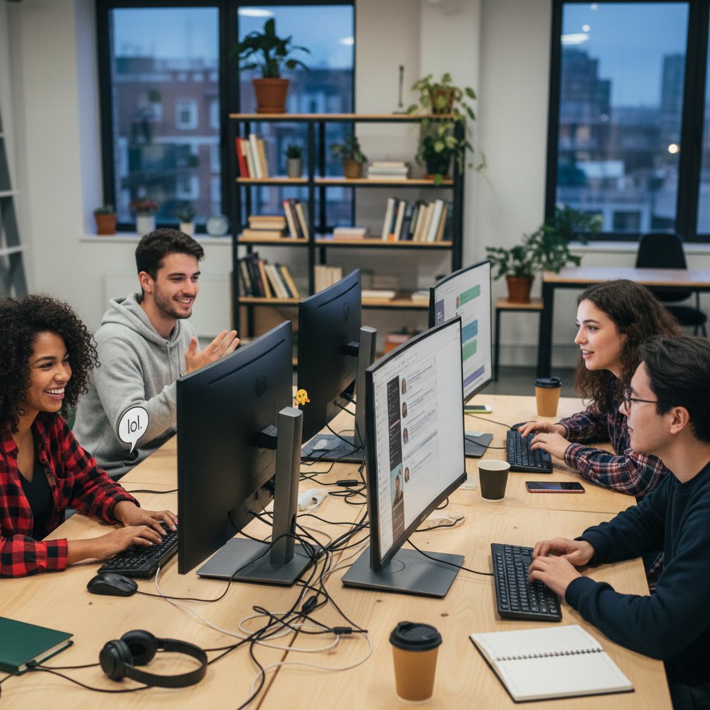 Młodzi ludzie siedzący przy komputerach, korzystający z różnych platform rozmów online