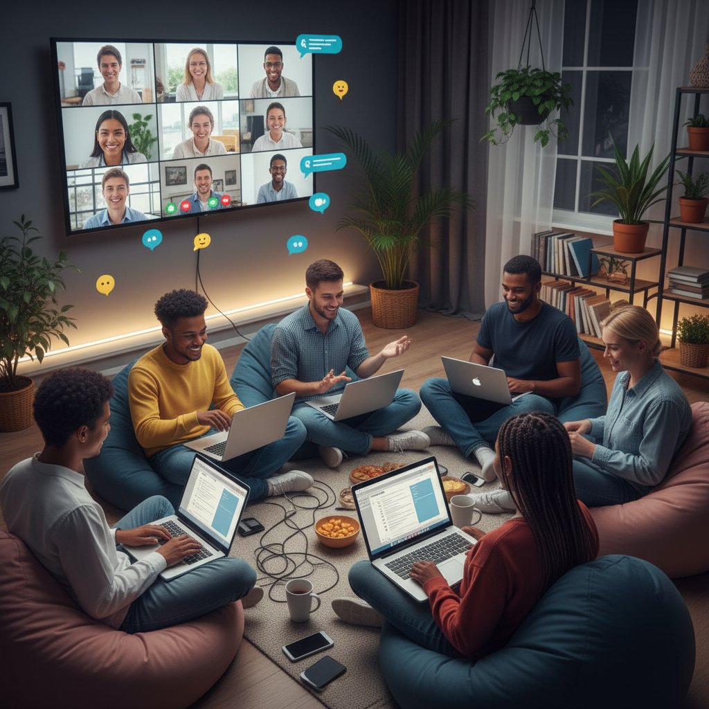 Grupa młodych ludzi przed komputerami, wspólna praca lub rozmowa online, atmosfera wsparcia i pozytywnej energii