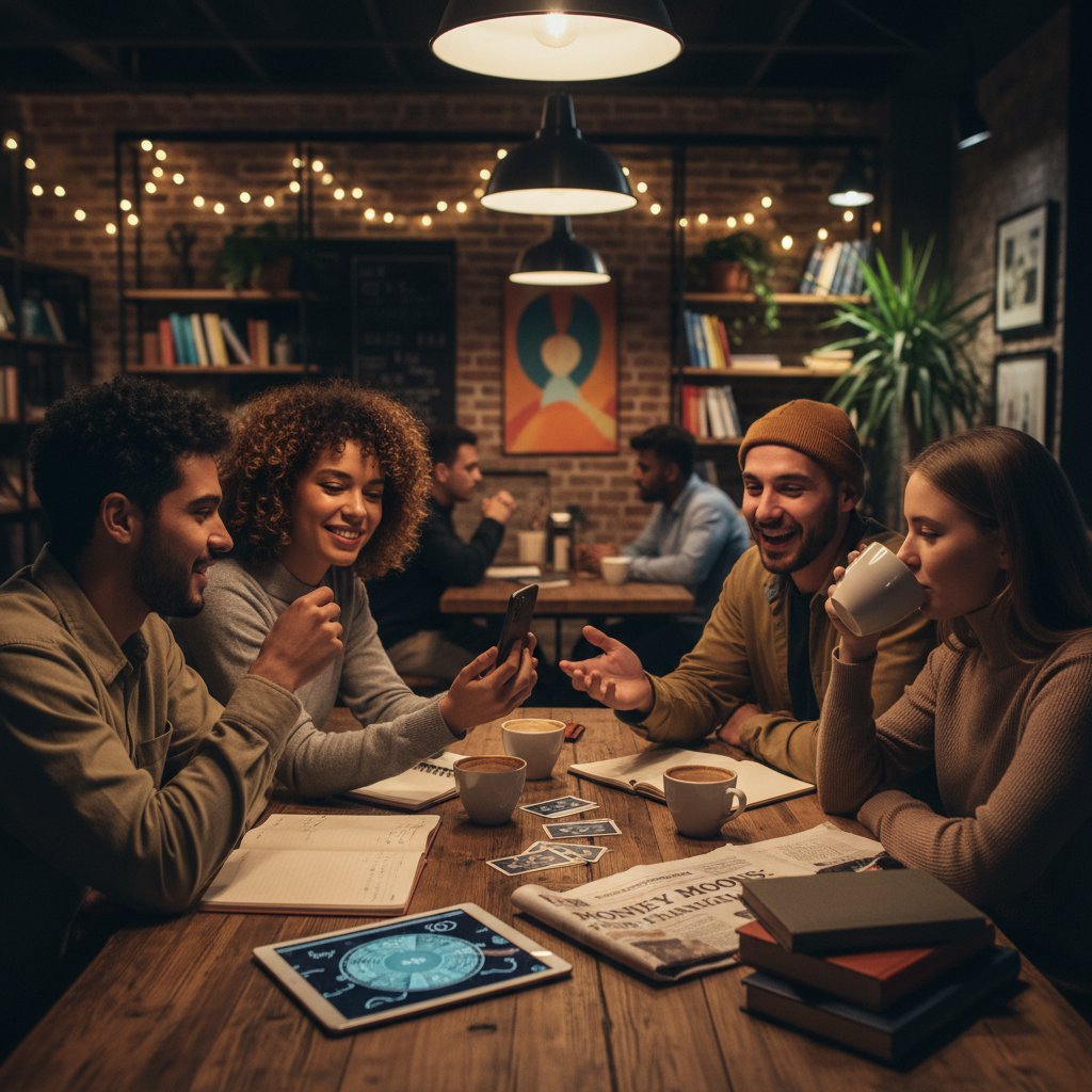 Młodzi ludzie omawiają horoskop finansowy w kawiarni, grupa przyjaciół przy stoliku z telefonami