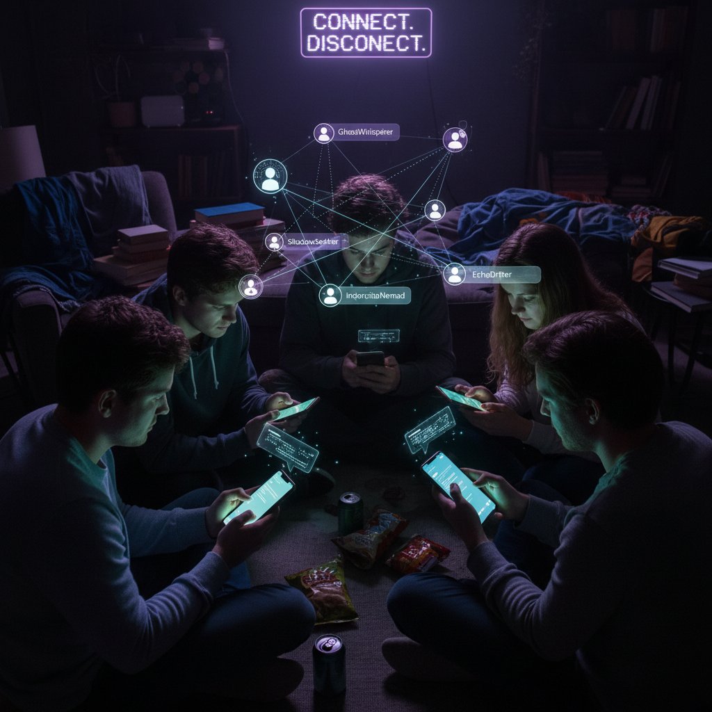 Grupa młodych osób korzystających z telefonu w ciemnym pokoju, rozmowy anonimowe online