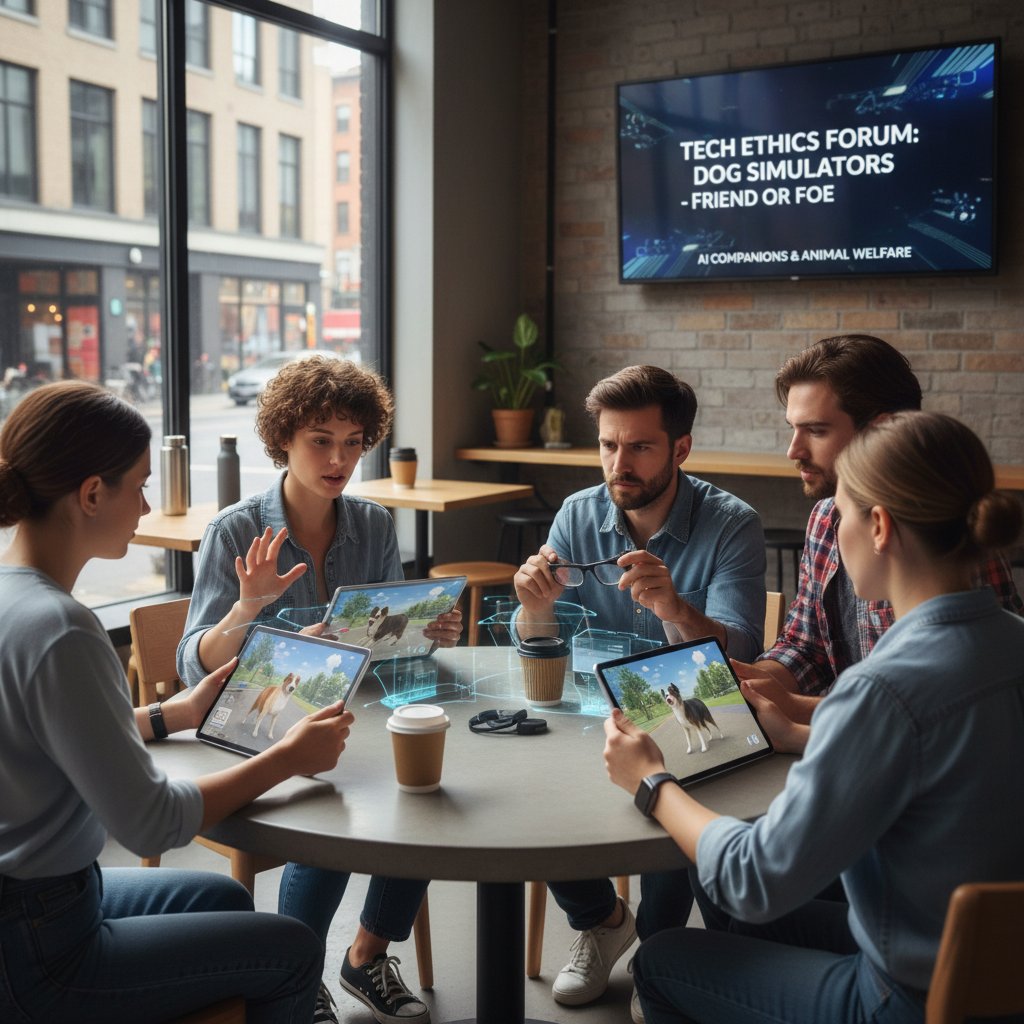 Grupa młodych ludzi dyskutuje o technologii symulatorów psa przy stole w nowoczesnej kawiarni