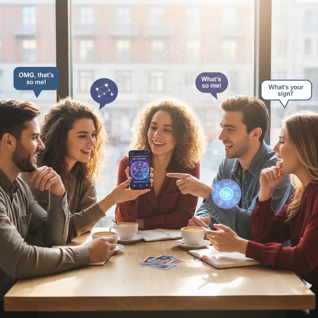 Grupa młodych osób dyskutuje przy telefonach o horoskopach, przyjazna atmosfera, social media w tle