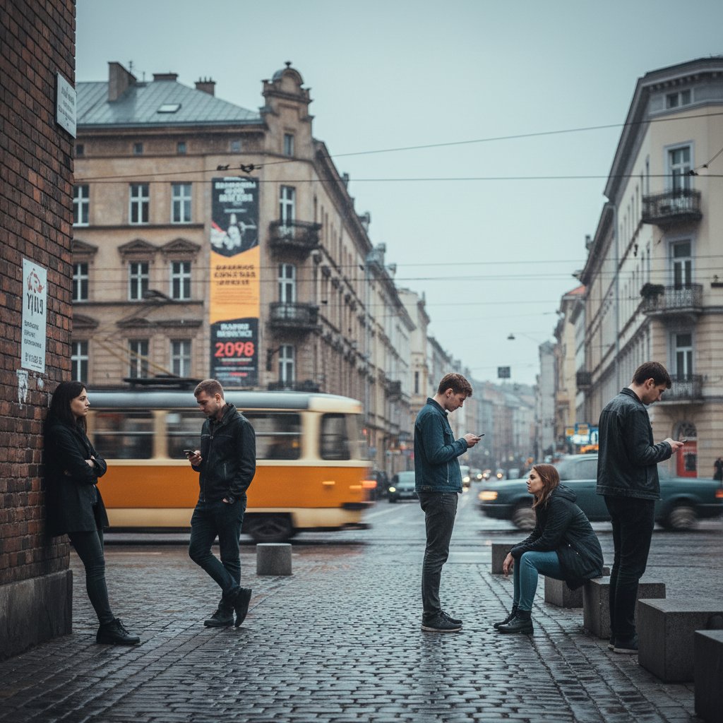 Grupa młodych ludzi siedzących razem, ale patrzących w telefony – obrazujący dystans emocjonalny