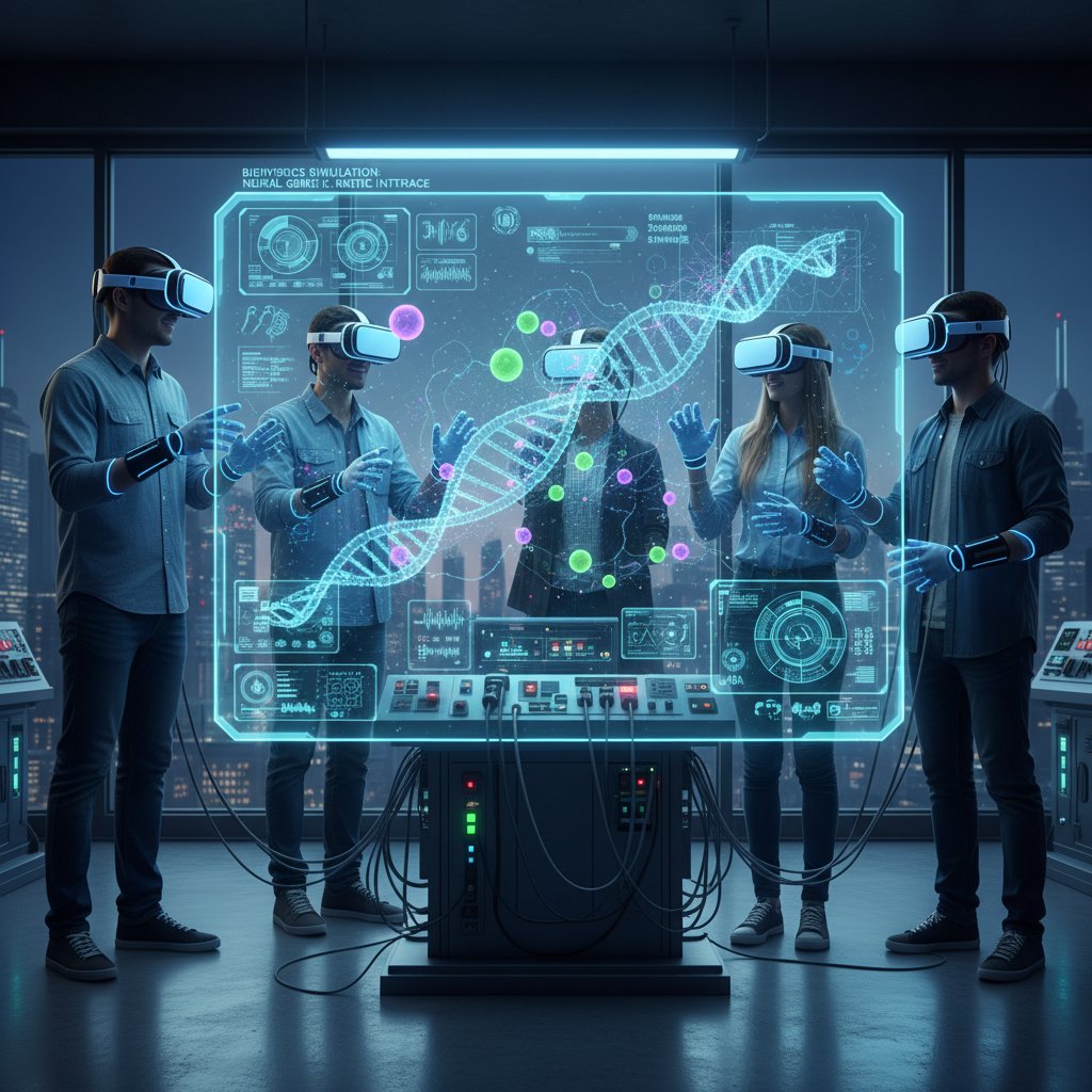 Grupa młodych ludzi grających w gry VR, biofizyka symulowana w technologii