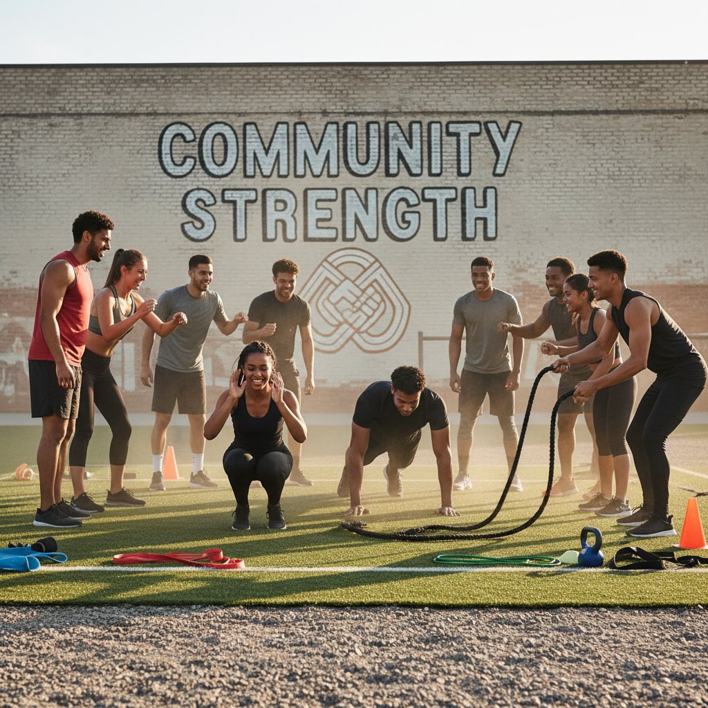 Grupa młodych ludzi ćwiczących razem HIIT, radość i wsparcie w przyjaznej atmosferze