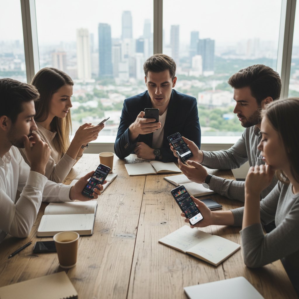 Grupa młodych osób dyskutuje o inwestycjach, smartfony, nowoczesne wnętrze