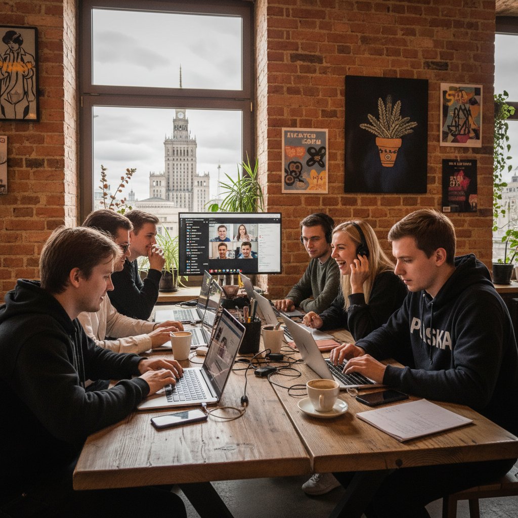 Grupa młodych ludzi rozmawiająca przez laptopy, pokazująca ewolucję komunikacji online w Polsce