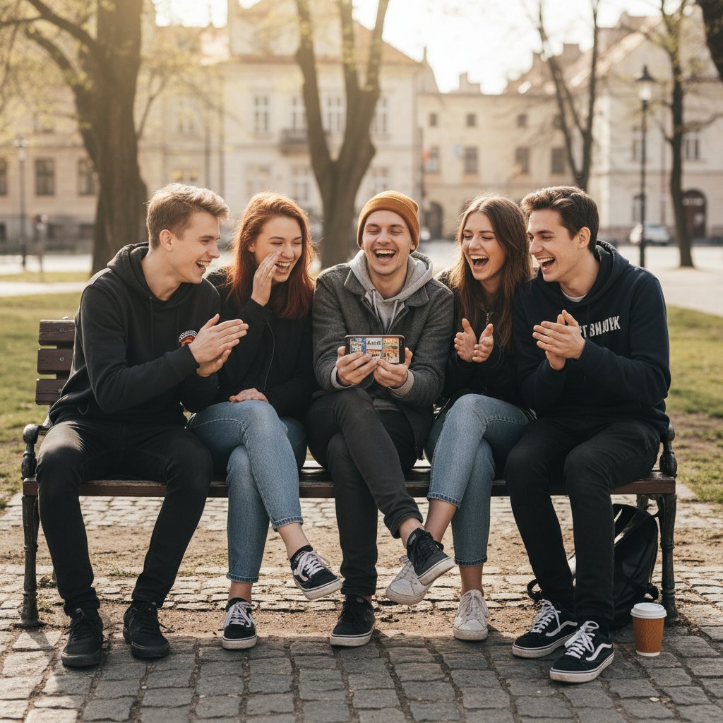 Grupa młodych ludzi śmieje się podczas wspólnego oglądania memów na telefonie, naturalne światło, polska sceneria