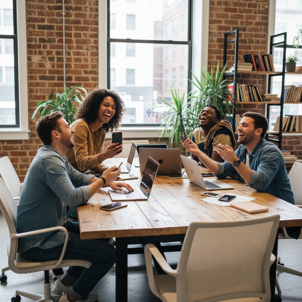 Grupa młodych ludzi śmiejąca się razem podczas korzystania z telefonów w przestrzeni coworkingowej