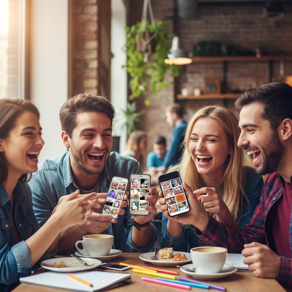 Zdjęcie grupy młodych ludzi śmiejących się wspólnie podczas korzystania z telefonów, na ekranach widoczne memy