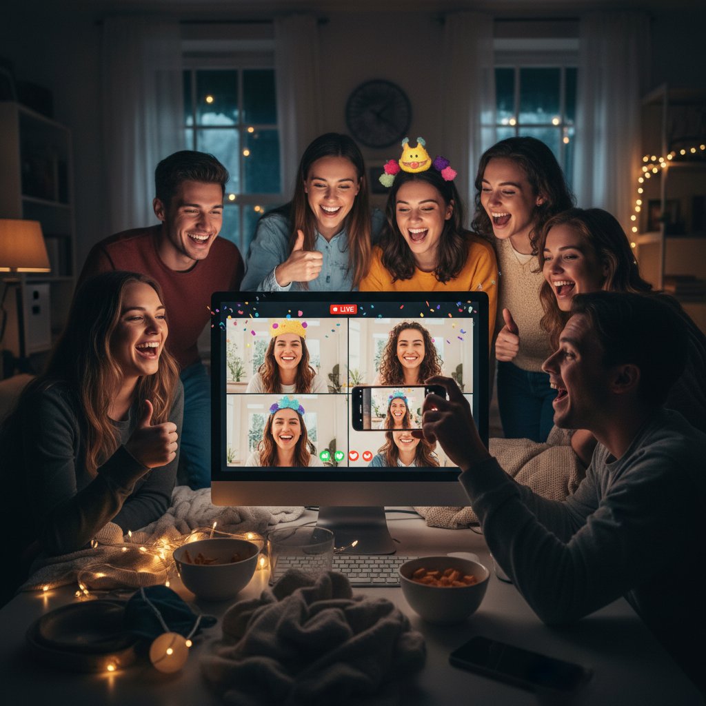 Grupa młodych ludzi transmituje live stream z zabawą podczas wideorozmowy