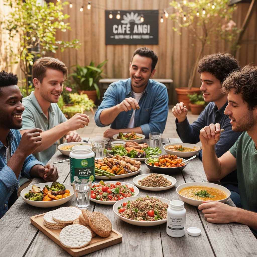 Grupa młodych osób podczas wspólnego posiłku, wykluczających gluten – dieta a elastaza