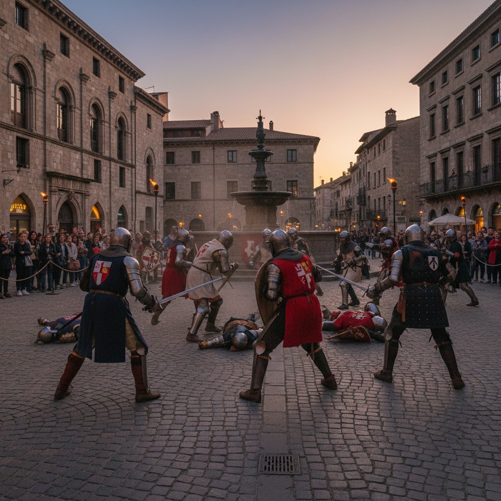 Grupa młodzieży odtwarzająca bitwę na rynku miasta