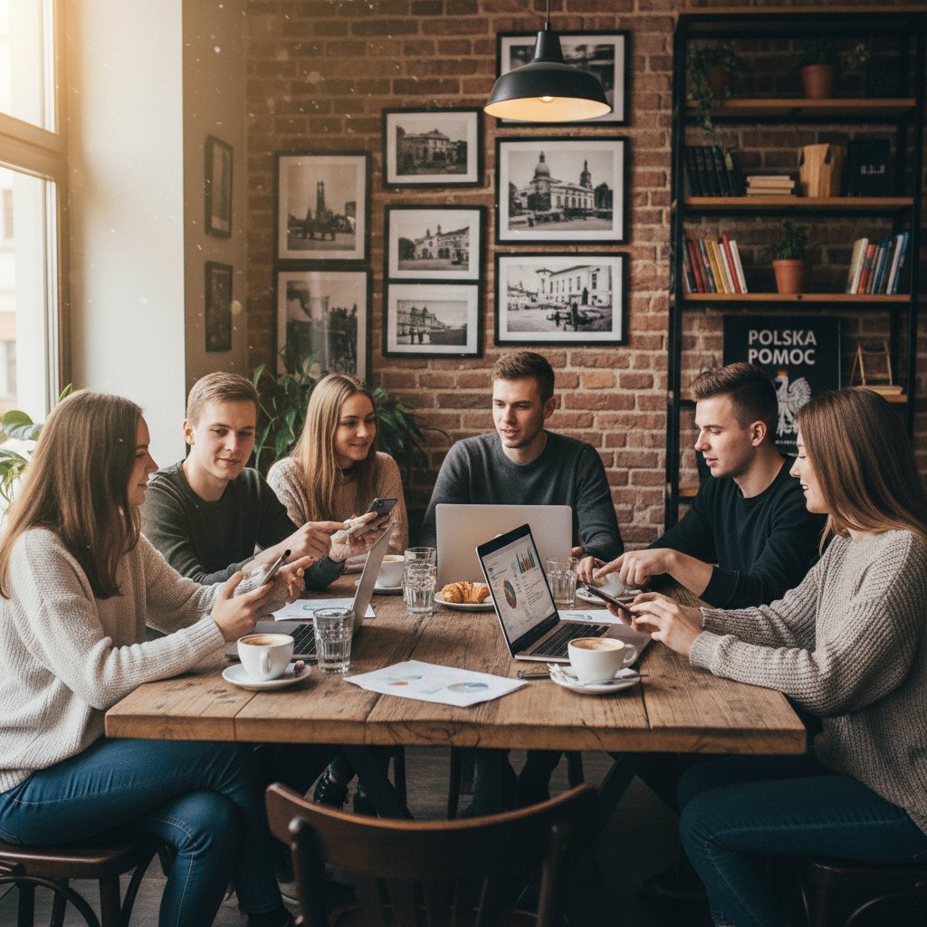 Uśmiechnięta grupa młodych ludzi podczas spotkania w kawiarni, na stole laptopy i telefony, widoczna współpraca i wsparcie, polska atmosfera