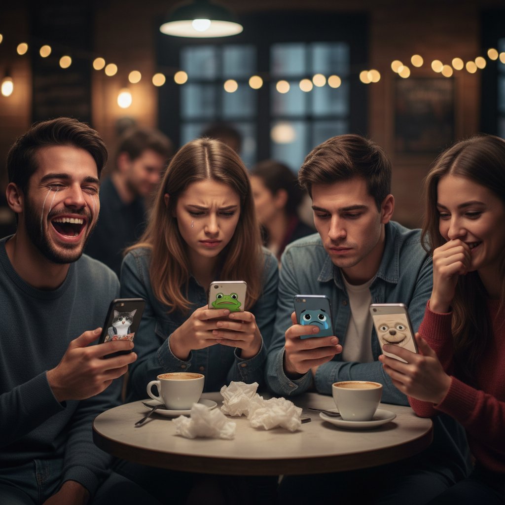 Grupa młodych osób oglądająca memy na smartfonach, śmiejąca się przez łzy smutku